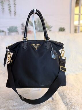Prada Black Nylon Tote with Gold Accents